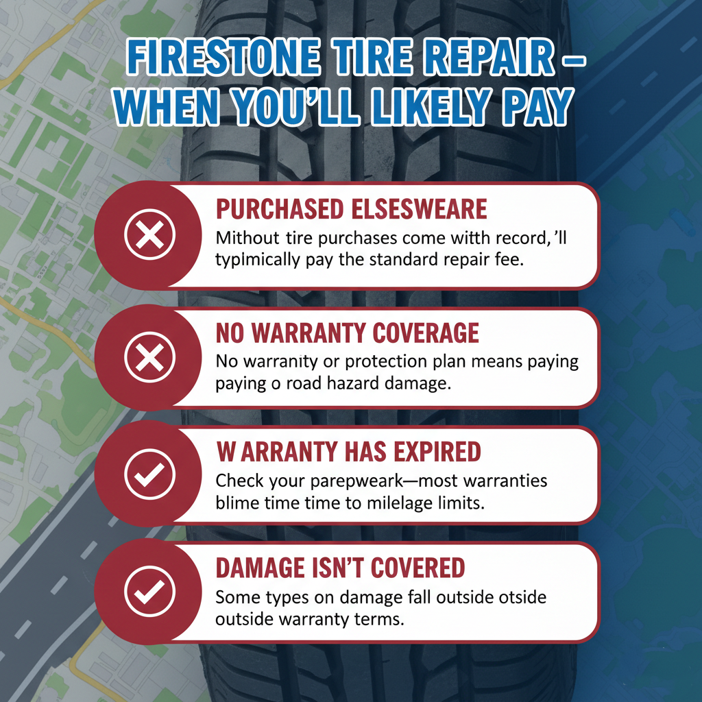 Infographic titled 'Firestone Tire Repair – When You’ll Likely Pay.' It features red icons highlighting four scenarios where repair fees apply tires purchased elsewhere, no warranty coverage, an expired warranty, or damage not covered by terms. The design matches the previous infographic with a tire tread and map background.