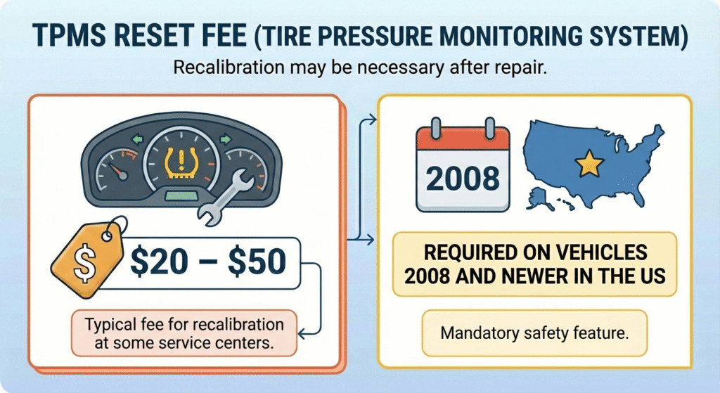 An infographic explaining the cost to reset the Tire Pressure Monitoring System (TPMS) after a repair. It highlights a typical fee of $20 to $50 and notes that this system is mandatory on all US vehicles manufactured in 2008 or later.