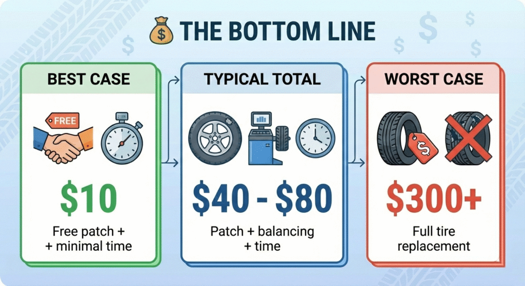 A summary infographic titled "The Bottom Line" comparing three tire repair cost scenarios: "Best Case" ($10 with free patch), "Typical Total" ($40–$80 including balancing and time), and "Worst Case" ($300+ for full replacement).