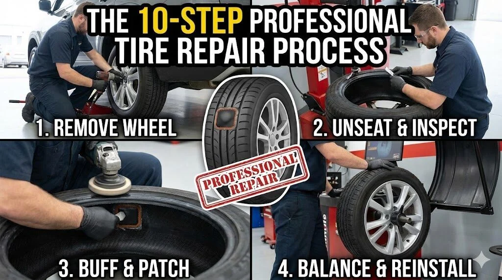 Diagram illustrating the safe repair zone on a tire tread where a nail puncture can be legally and safely patched.