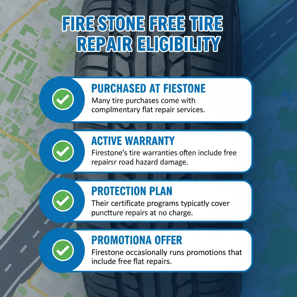 Infographic titled 'Firestone Free Tire Repair Eligibility.' It lists four conditions for free service: purchasing tires at Firestone, having an active warranty, buying a protection plan, or using a promotional offer. The background features a tire tread over a stylized map.