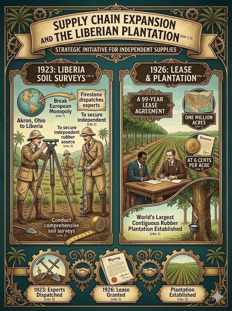An infographic detailing Firestone's supply chain expansion, highlighting the 1923 soil surveys in Liberia to break the European rubber monopoly and the 1926 agreement for a 99-year lease on one million acres to establish the world's largest rubber plantation.
