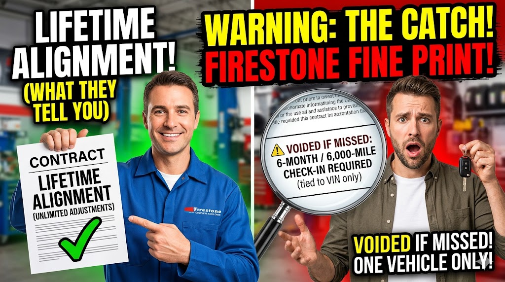 A photograph showing an older mechanic pointing to severe, rust-covered wear on a car's control arm, visible underneath the chassis. A young male vehicle owner looks on with genuine concern. Text above reads: 'WHAT THE SERVICE ADVISOR WON'T MENTION'.