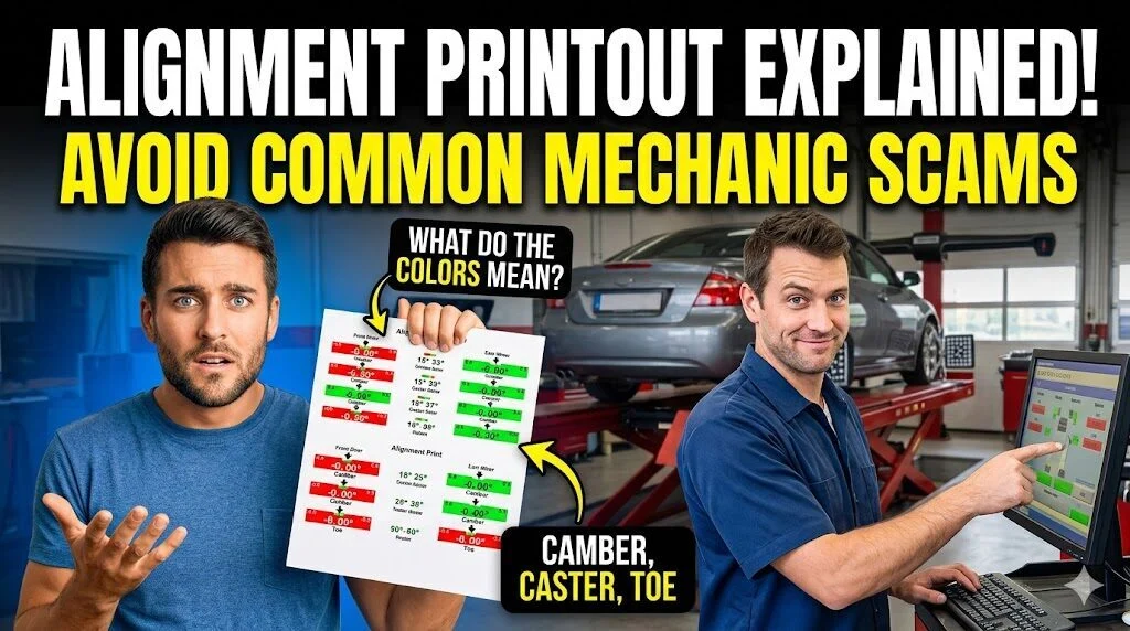 The image features a stressed car owner on the left holding a physical alignment report with red and green bars and a question asking 'WHAT DO THE COLORS MEAN?'. On the right, a smiling mechanic in a garage points to a matching digital computer screen with alignment data, with a text box at the bottom 'CAMBER, CASTER, TOE'. A car is on an alignment rack in the background.