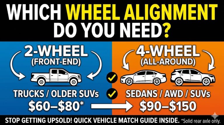 A comparison guide thumbnail titled "WHICH WHEEL ALIGNMENT DO YOU NEED?" divided into two main sections: Left (Blue): Shows a pickup truck with "2-WHEEL (FRONT-END)" alignment for Trucks and Older SUVs, with an estimated cost of "$60–$80*." Right (Orange): Shows a sedan and an AWD crossover with "4-WHEEL (ALL-AROUND)" alignment for Sedans, AWD, and SUVs, with an estimated cost of "$90–$150." A subtitle at the bottom reads: "STOP GETTING UPSOLD! QUICK VEHICLE MATCH GUIDE INSIDE. *Solid rear axle only."