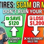 A comparison infographic split vertically down the middle, illustrating the financial consequences of getting a wheel alignment after buying new tires. The left side has a green background and features a smiling mechanic pointing to text that reads "✅ SAVE $120" and "✔️ ALIGNMENT: IN SPEC." The right side has a red background and displays a graphic of a bald, worn-out tire pointing to text that reads "🚨 LOSE $1,200" and "❌ NO ALIGNMENT: BALD TIRE." The overall title at the top says "NEW TIRES: SCAM OR MUST?" with the subtitle "DON'T RUIN YOUR TREAD!