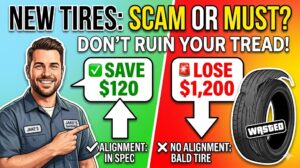 A comparison infographic split vertically down the middle, illustrating the financial consequences of getting a wheel alignment after buying new tires. The left side has a green background and features a smiling mechanic pointing to text that reads "✅ SAVE $120" and "✔️ ALIGNMENT: IN SPEC." The right side has a red background and displays a graphic of a bald, worn-out tire pointing to text that reads "🚨 LOSE $1,200" and "❌ NO ALIGNMENT: BALD TIRE." The overall title at the top says "NEW TIRES: SCAM OR MUST?" with the subtitle "DON'T RUIN YOUR TREAD!
