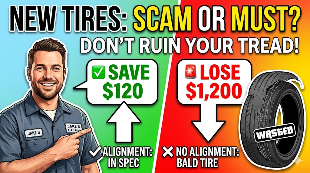 A comparison infographic split vertically down the middle, illustrating the financial consequences of getting a wheel alignment after buying new tires. The left side has a green background and features a smiling mechanic pointing to text that reads "✅ SAVE $120" and "✔️ ALIGNMENT: IN SPEC." The right side has a red background and displays a graphic of a bald, worn-out tire pointing to text that reads "🚨 LOSE $1,200" and "❌ NO ALIGNMENT: BALD TIRE." The overall title at the top says "NEW TIRES: SCAM OR MUST?" with the subtitle "DON'T RUIN YOUR TREAD!