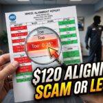 A close-up view of a car owner's hand in a waiting room, holding an alignment diagnostic printout. The printout prominently displays the 'Before' column with several data boxes highlighted in red. A magnifying glass hovers over one specific red box (Toe: 0.35°) which is glowing, with a generic pointer highlight directing attention to it. Bold text overlays the image, reading: '$120 ALIGNMENT? SCAM OR LEGIT?'. In the slightly blurred background, a silhouette of a mechanic points towards a cashier. A generic verified expert badge is visible in the corner.