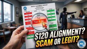 A close-up view of a car owner's hand in a waiting room, holding an alignment diagnostic printout. The printout prominently displays the 'Before' column with several data boxes highlighted in red. A magnifying glass hovers over one specific red box (Toe: 0.35°) which is glowing, with a generic pointer highlight directing attention to it. Bold text overlays the image, reading: '$120 ALIGNMENT? SCAM OR LEGIT?'. In the slightly blurred background, a silhouette of a mechanic points towards a cashier. A generic verified expert badge is visible in the corner.