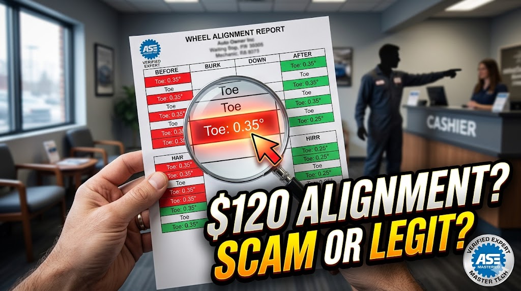 A close-up view of a car owner's hand in a waiting room, holding an alignment diagnostic printout. The printout prominently displays the 'Before' column with several data boxes highlighted in red. A magnifying glass hovers over one specific red box (Toe: 0.35°) which is glowing, with a generic pointer highlight directing attention to it. Bold text overlays the image, reading: '$120 ALIGNMENT? SCAM OR LEGIT?'. In the slightly blurred background, a silhouette of a mechanic points towards a cashier. A generic verified expert badge is visible in the corner.