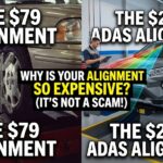 A split-screen YouTube video thumbnail explaining modern wheel alignment costs. The left side shows a nostalgic image of a mechanical alignment on an old car with large text: "OLD ALIGNMENT $79." The right side shows a vibrant, high-tech garage bay featuring a modern 2021 Toyota RAV4 on an alignment lift, with a technician using a tablet, numerous specialized ADAS calibration targets, and a digital graphic of sensor beams. Text reads: "ADAS ALIGNMENT $250+." A large, bold center header runs across both sides: "THE TRUTH ABOUT MODERN ALIGNMENT COSTS. (IT'S NOT A SCAM!)." Small icons representing safety features are near the modern vehicle.