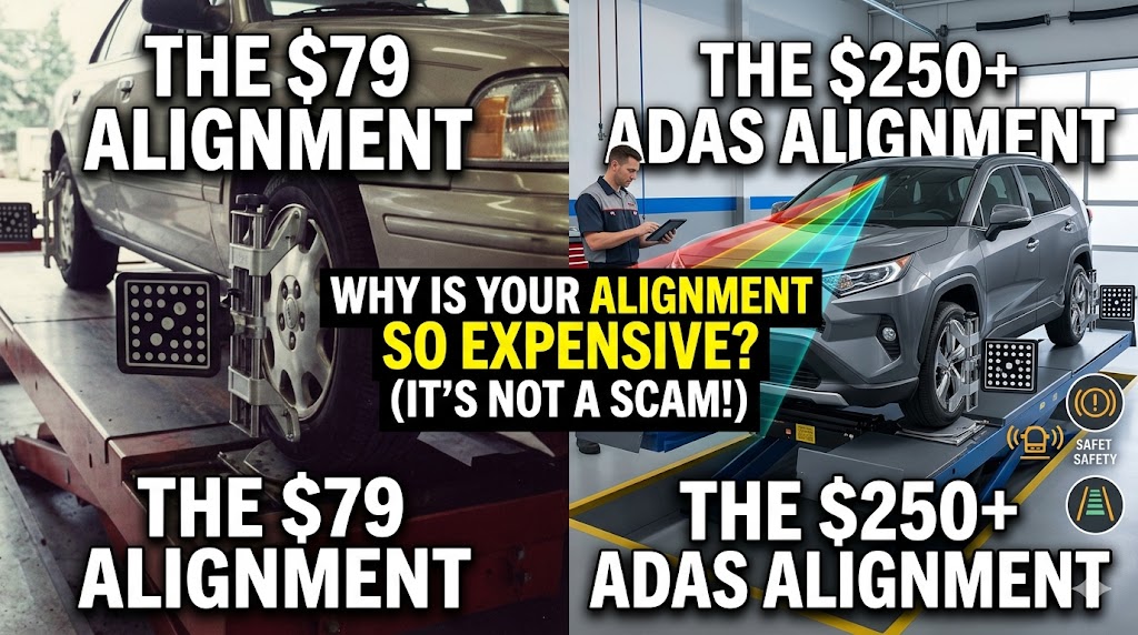 A split-screen YouTube video thumbnail explaining modern wheel alignment costs. The left side shows a nostalgic image of a mechanical alignment on an old car with large text: "OLD ALIGNMENT $79." The right side shows a vibrant, high-tech garage bay featuring a modern 2021 Toyota RAV4 on an alignment lift, with a technician using a tablet, numerous specialized ADAS calibration targets, and a digital graphic of sensor beams. Text reads: "ADAS ALIGNMENT $250+." A large, bold center header runs across both sides: "THE TRUTH ABOUT MODERN ALIGNMENT COSTS. (IT'S NOT A SCAM!)." Small icons representing safety features are near the modern vehicle.