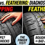 An eye-catching YouTube thumbnail comparing tire wear. Bold text at the top asks, "CUPPING vs. FEATHERING: DIAGNOSE IT NOW!". A split screen layout. On the left, under "CUPPING," a hand runs over a tire tread shown with dramatic "scooped" dips and waves, with text pointing to "WORN SHOCKS". On the right, under "FEATHERING," a different hand feels tire tread blocks worn like ramps that are smooth one way and rough the other, with text pointing to "BAD ALIGNMENT". A dynamic central icon promotes "THE FINGER TEST!"