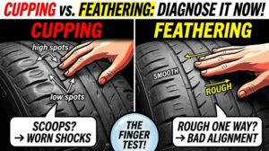 An eye-catching YouTube thumbnail comparing tire wear. Bold text at the top asks, "CUPPING vs. FEATHERING: DIAGNOSE IT NOW!". A split screen layout. On the left, under "CUPPING," a hand runs over a tire tread shown with dramatic "scooped" dips and waves, with text pointing to "WORN SHOCKS". On the right, under "FEATHERING," a different hand feels tire tread blocks worn like ramps that are smooth one way and rough the other, with text pointing to "BAD ALIGNMENT". A dynamic central icon promotes "THE FINGER TEST!"