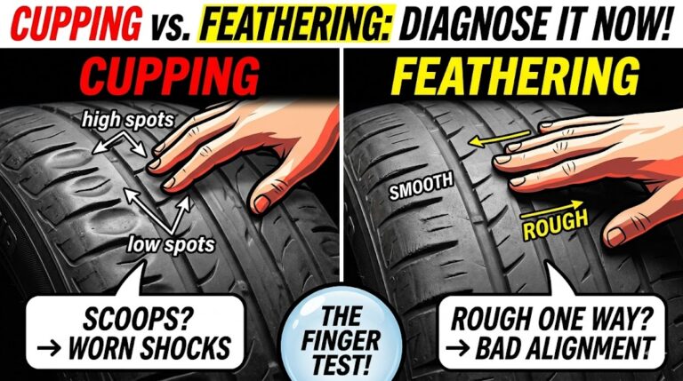 An eye-catching YouTube thumbnail comparing tire wear. Bold text at the top asks, "CUPPING vs. FEATHERING: DIAGNOSE IT NOW!". A split screen layout. On the left, under "CUPPING," a hand runs over a tire tread shown with dramatic "scooped" dips and waves, with text pointing to "WORN SHOCKS". On the right, under "FEATHERING," a different hand feels tire tread blocks worn like ramps that are smooth one way and rough the other, with text pointing to "BAD ALIGNMENT". A dynamic central icon promotes "THE FINGER TEST!"
