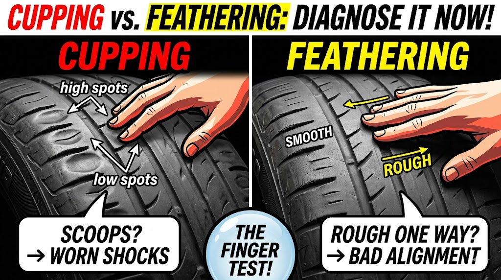 An eye-catching YouTube thumbnail comparing tire wear. Bold text at the top asks, "CUPPING vs. FEATHERING: DIAGNOSE IT NOW!". A split screen layout. On the left, under "CUPPING," a hand runs over a tire tread shown with dramatic "scooped" dips and waves, with text pointing to "WORN SHOCKS". On the right, under "FEATHERING," a different hand feels tire tread blocks worn like ramps that are smooth one way and rough the other, with text pointing to "BAD ALIGNMENT". A dynamic central icon promotes "THE FINGER TEST!"