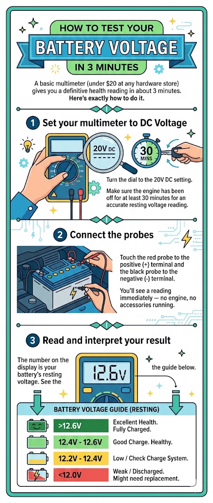 Testing a car battery with a multimeter — red probe on positive terminal, black on negative