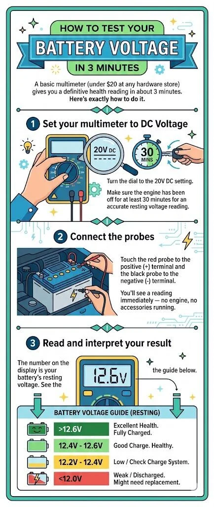 Testing a car battery with a multimeter — red probe on positive terminal, black on negative