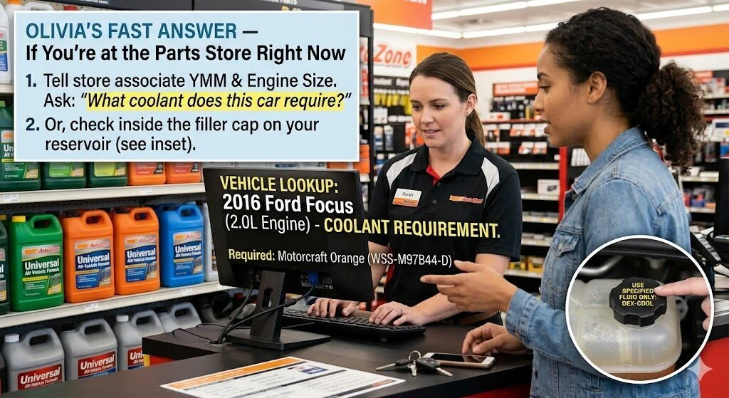 Choosing the correct coolant at a parts store — ask an associate for help finding the right type for your vehicle