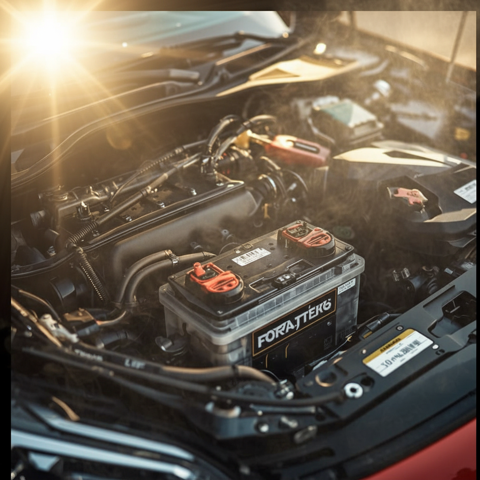 Car battery in hot engine bay — heat is the number one battery killer