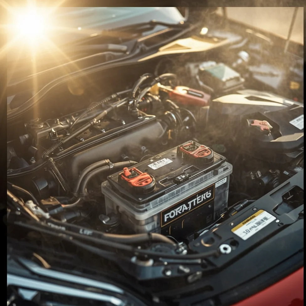 Car battery in hot engine bay — heat is the number one battery killer