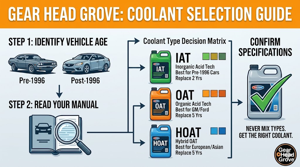 Gear Head Grove Coolant Selection Guide — Step 1 identify vehicle age, Step 2 read your manual, then choose IAT, OAT or HOAT and confirm specifications