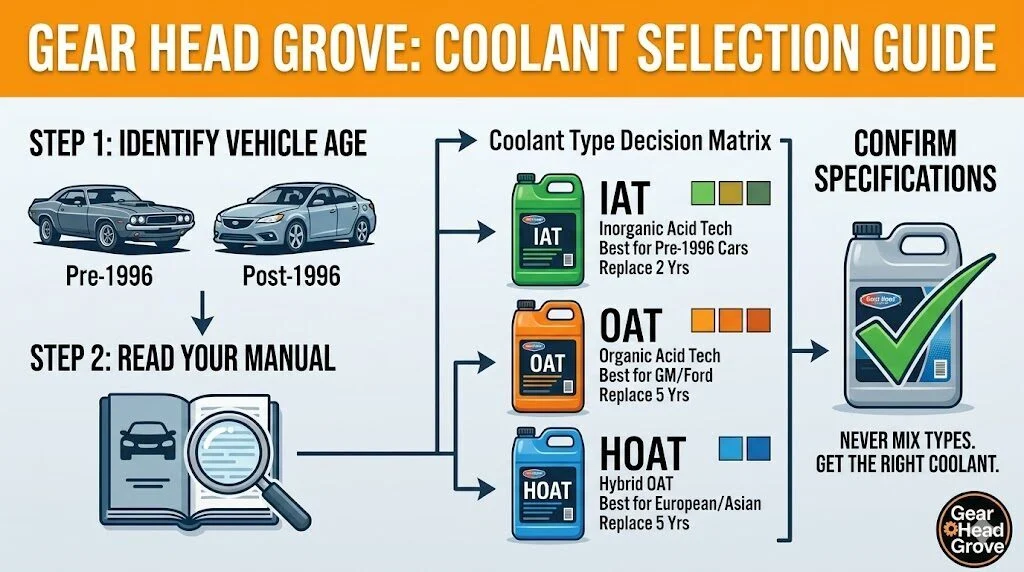 Gear Head Grove Coolant Selection Guide — Step 1 identify vehicle age, Step 2 read your manual, then choose IAT, OAT or HOAT and confirm specifications