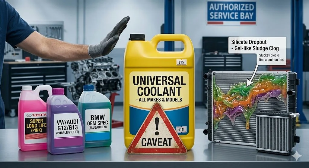 Universal coolant jug — not suitable for all vehicles including Toyota, VW/Audi and BMW OEM specifications