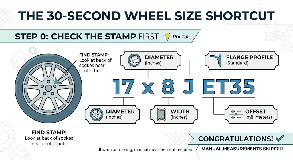 Look for stamped markings on the back of the spokes or near the center hub area.
