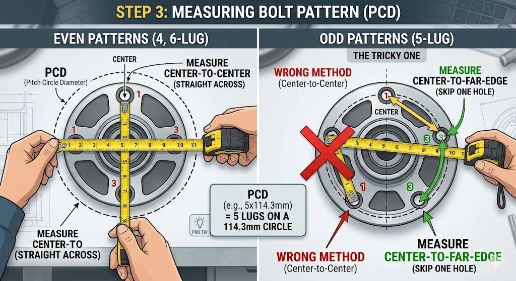 Count your bolt holes first, then measure using the method for your lug count.