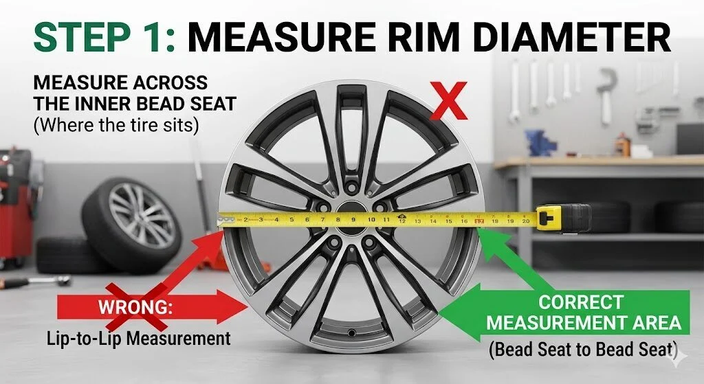 Close-up of a car alloy wheel showing the bead seat area for measurement