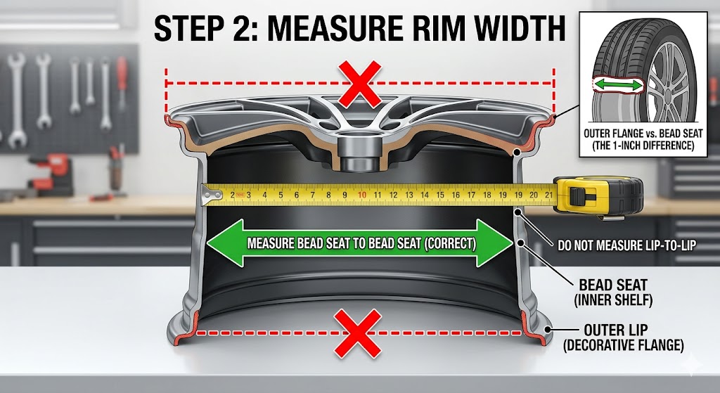 Width is measured across the barrel from inner bead seat to inner bead seat.