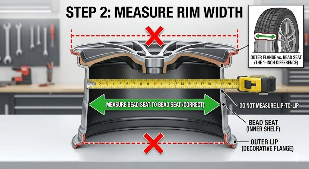 Width is measured across the barrel from inner bead seat to inner bead seat.