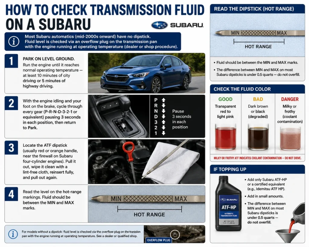 Infographic explaining how to check transmission fluid on a Subaru, showing the ATF dipstick, hot-range MIN and MAX marks, gear cycling steps, fluid color examples, and topping-up guidance.