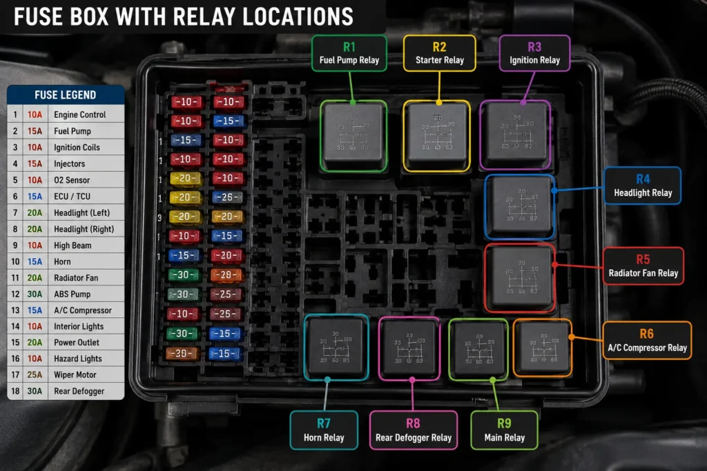 Engine bay fuse box with starter relay location labelled