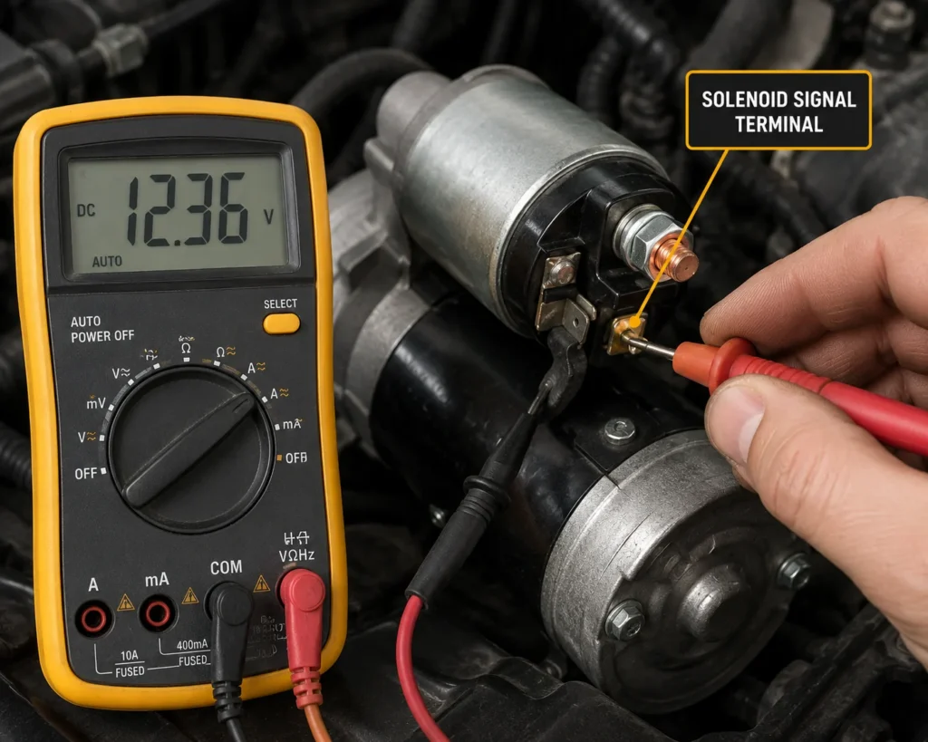 Multimeter testing starter solenoid signal terminal voltage