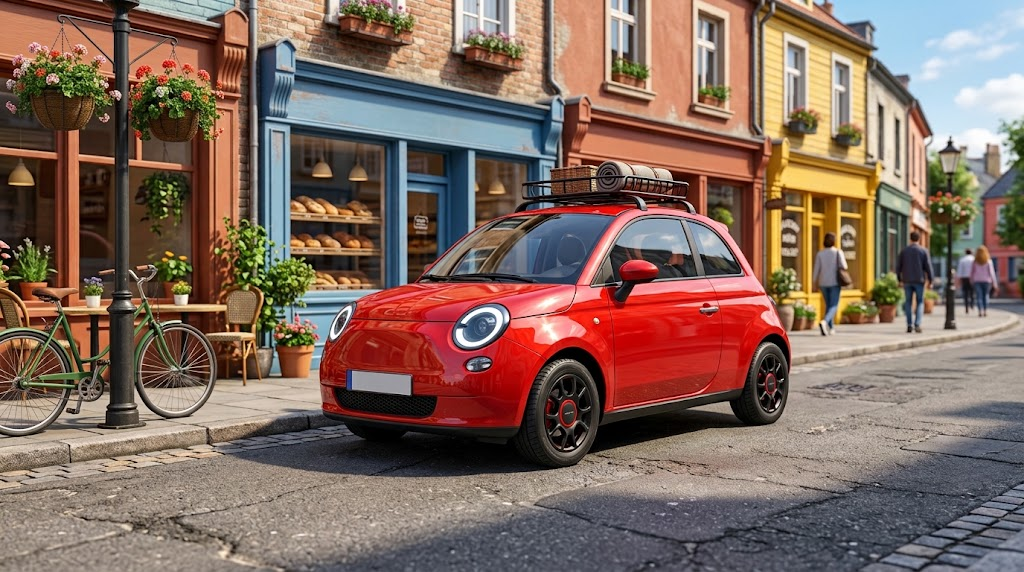 Playful bright red compact car for funny red car names