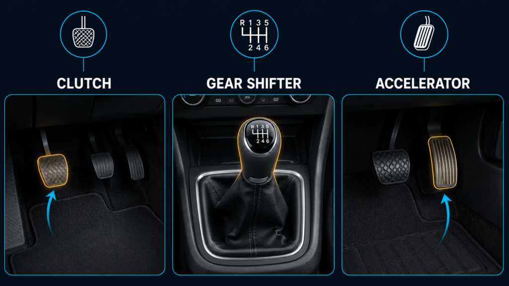 Manual transmission car interior showing clutch pedal and gear shifter