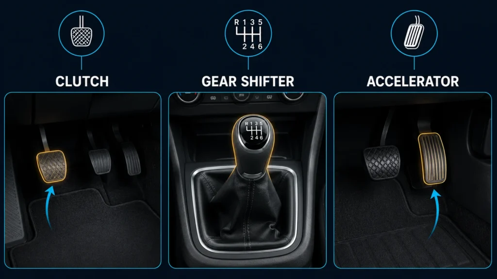 Manual transmission car interior showing clutch pedal and gear shifter
