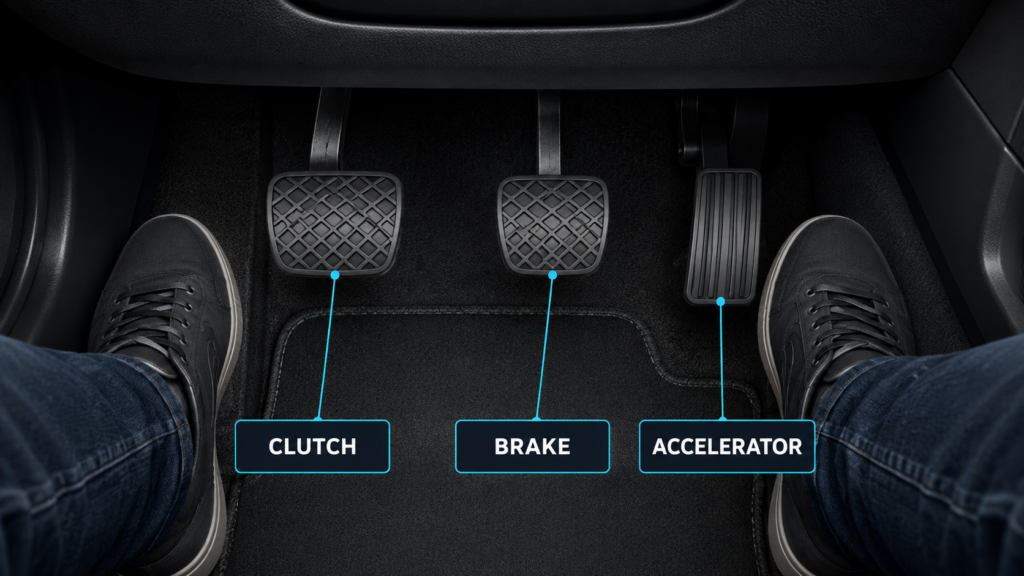 Manual car clutch brake and accelerator pedal layout