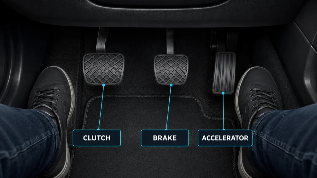 Manual car clutch brake and accelerator pedal layout