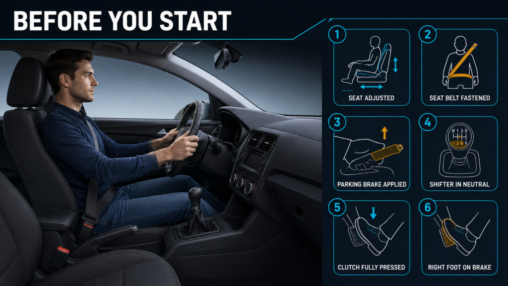 Preparing to start a manual transmission car safely
