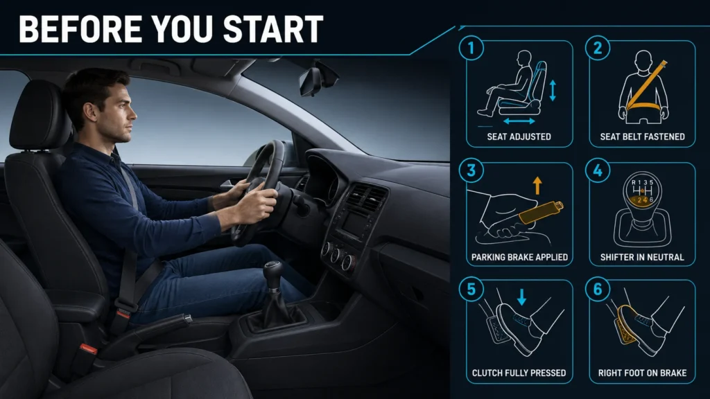 Preparing to start a manual transmission car safely