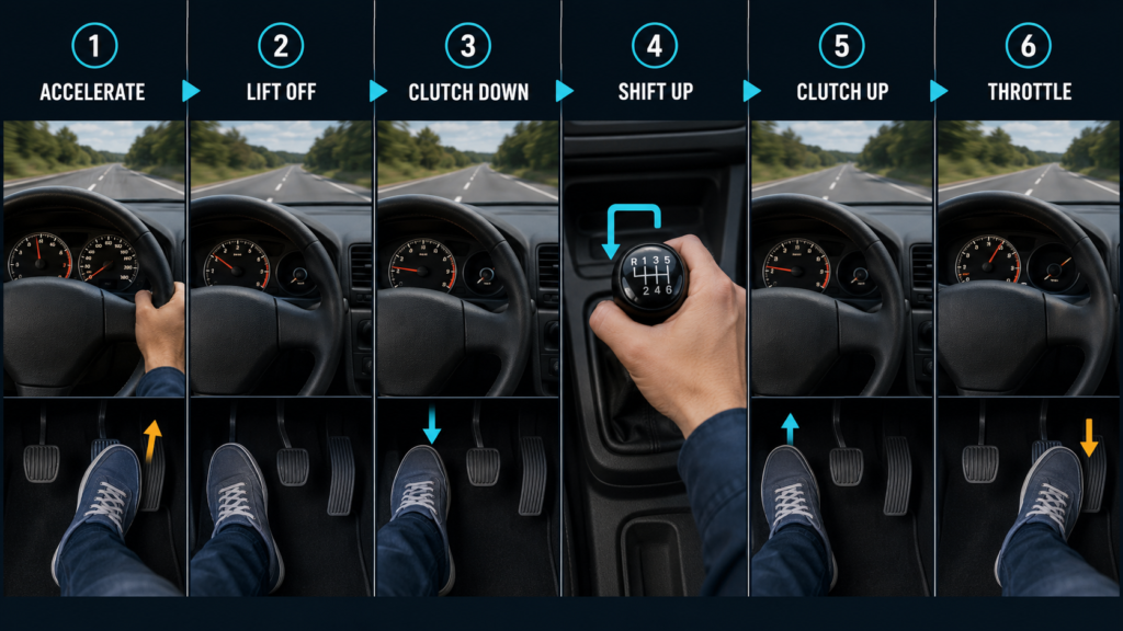 How to upshift gears in a manual transmission car