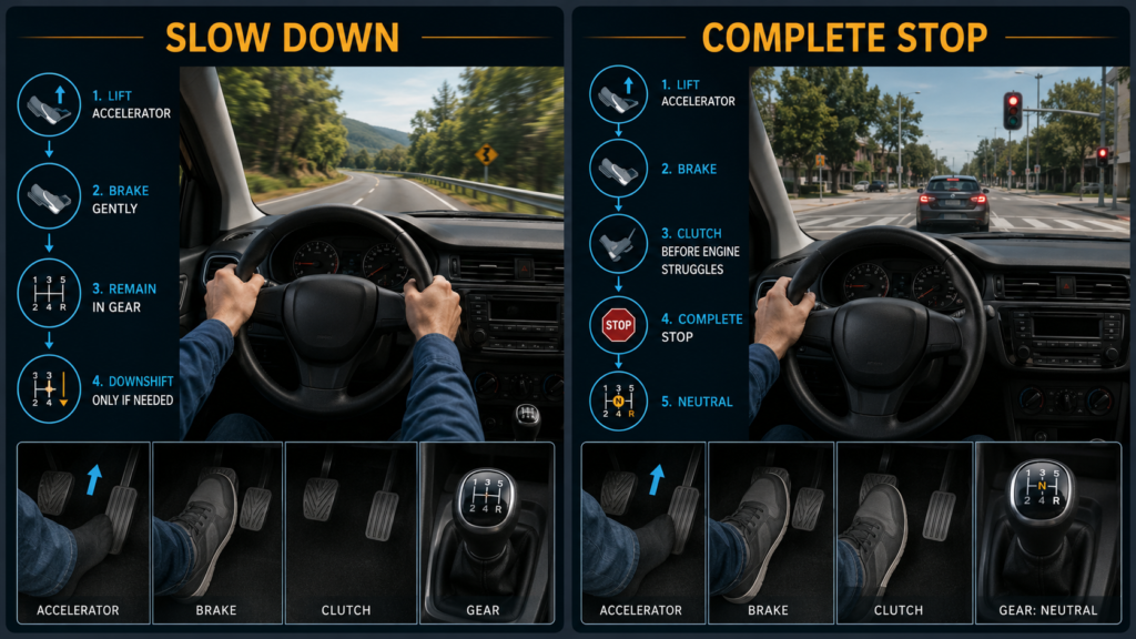 How to slow down and stop a manual transmission car