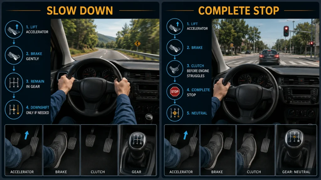 How to slow down and stop a manual transmission car