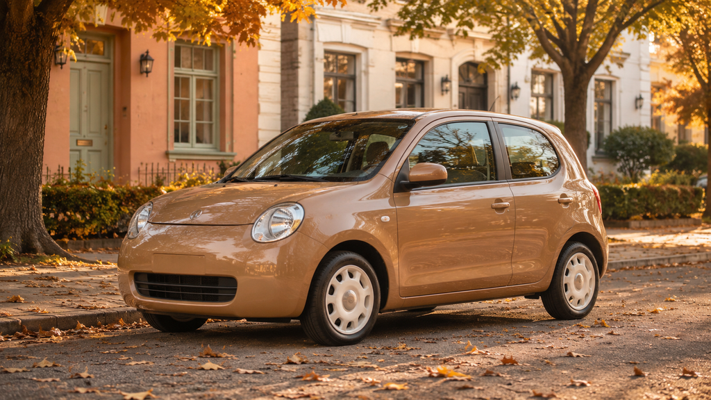 Cute light brown hatchback with warm autumn styling