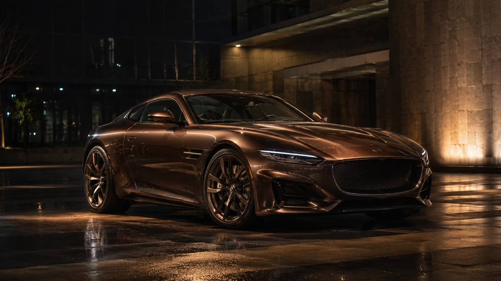 Unusual metallic brown sports car in a dramatic urban setting