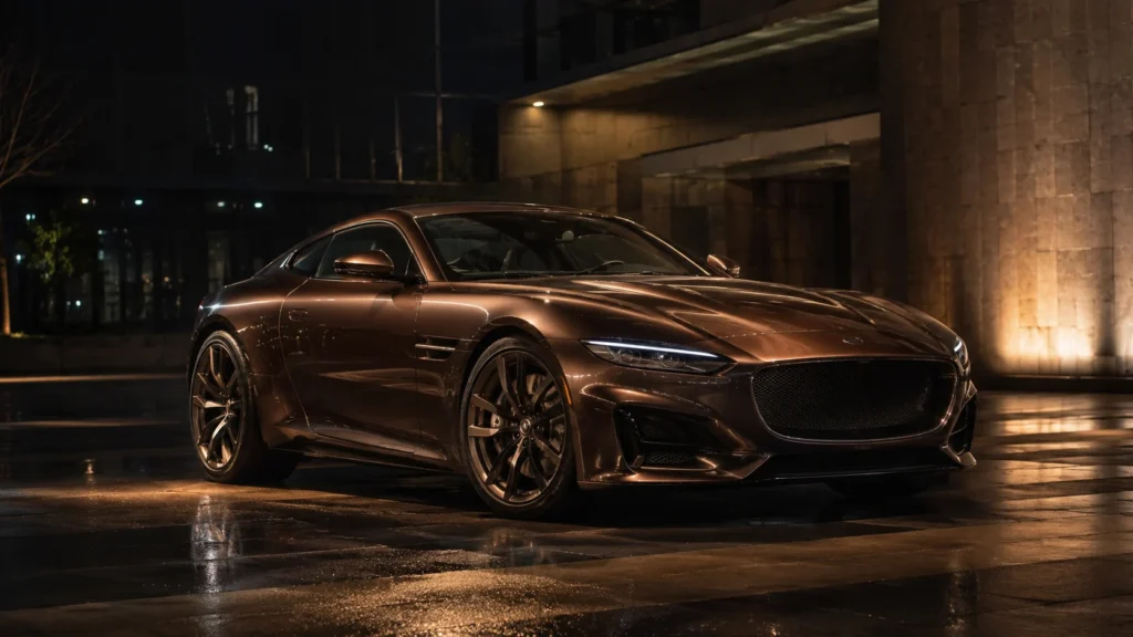 Unusual metallic brown sports car in a dramatic urban setting